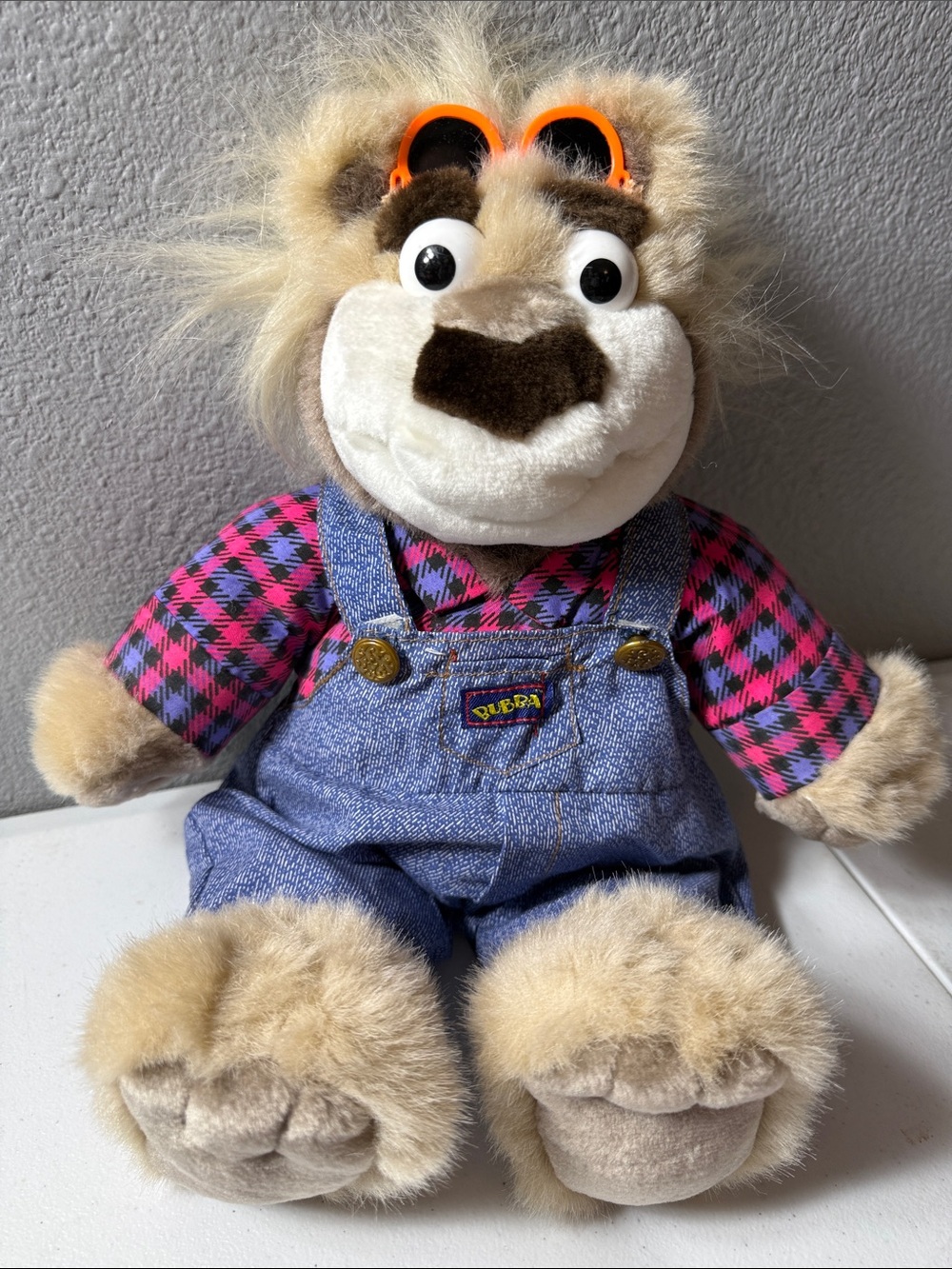 Bubba the talking bear. Plush Lion in Pink Plaid Shirt with Blue Overalls -